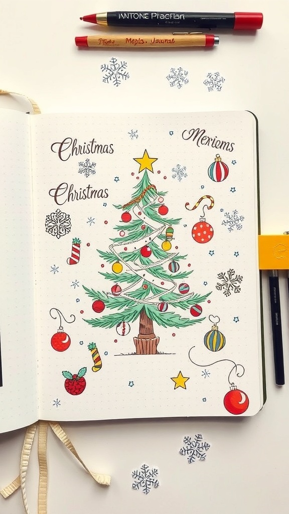 A bullet journal page decorated with Christmas doodles including a tree, ornaments, and snowflakes.
